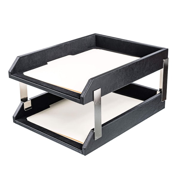 Dacasso Classic Black Leather Double Letter Trays with Silver Posts AG-1022 - main
